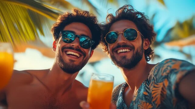 Two friends on vacation toasting with juice on the beach under palm trees enjoying summer vacation