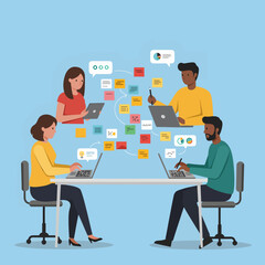 Diverse team collaborating on a project with laptops and interconnected digital elements.