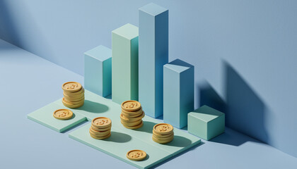 3D Clay Bar Chart Growing Upwards with Gold Coin Accents