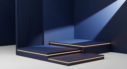 A dark blue, modern, threetiered display podium with glowing yelloworange accent lighting, set against a deep blue background illuminated by a dramatic spotlight beam