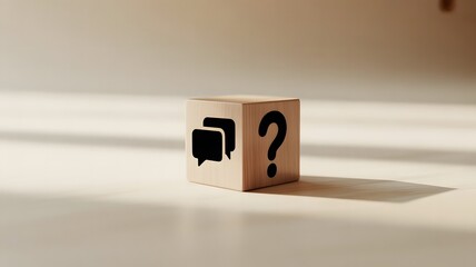 Small wooden cube featuring chat bubbles and a question mark highlighting curiosity, communication, problem-solving, and answering user questions effectively across platforms.