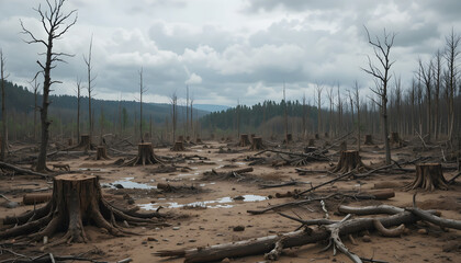 A stark and dramatic scene of widespread deforestation, featuring a barren landscape filled with numerous tree stumps, fallen branches, and dead trunks. The ground is muddy with scattered puddles, whi