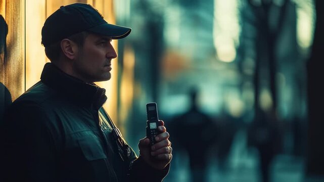 Security guard with walkie-talkie monitoring crowded city street, professional surveillance