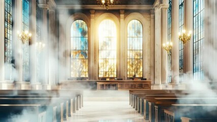 Majestic sunlit cathedral interior with mist - Powered by Adobe