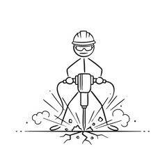 Naklejka premium A focused stick figure construction worker, wearing a hard hat and safety glasses, diligently operates a powerful jackhammer, breaking up the ground with significant force.