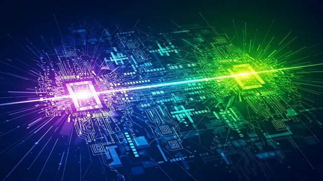 Abstract Digital Network With Glowing Microchips Transmitting Data In Vibrant Purple And Green Light Against A Dark Blue Background With Scattered Lights And Particles