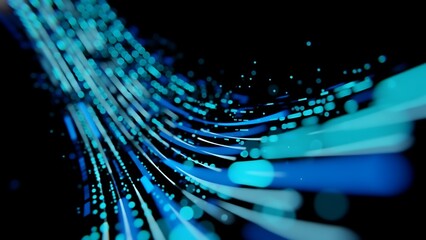 Abstract blue digital data flow lines and particles moving fast