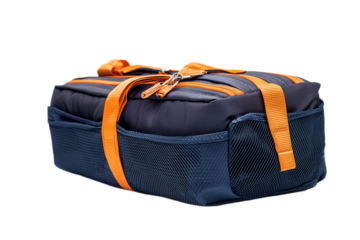 Stylish blue travel pouch with orange accents isolated on transparent background
