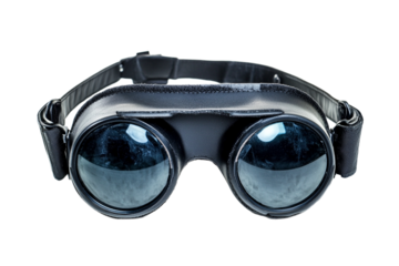 Stylish black steampunk goggles with reflective lenses on transparent background
