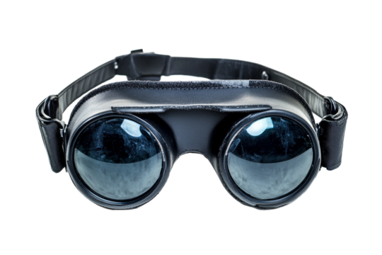 Stylish black steampunk goggles with reflective lenses on transparent background