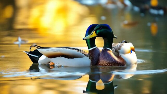 Two ducks swimming together on golden water