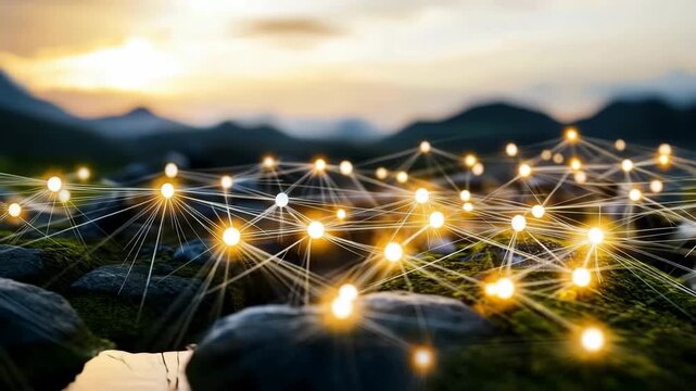 Glowing digital network nodes over natural landscape