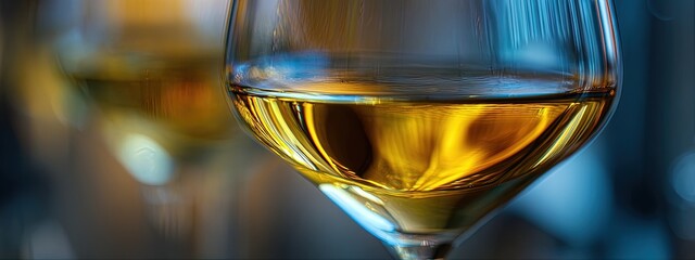 Close-up of elegant wine glasses filled with golden liquid