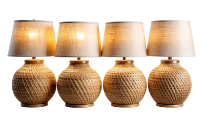 Woven Rattan Table Lamps with Linen Shades Quad Set, isolated on transparent background