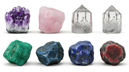 Fototapeta premium A vibrant assortment of healing crystals and raw gemstones, including amethyst, rose quartz, and emerald, isolated on a white background