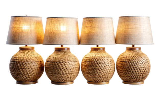 Woven Rattan Table Lamps with Linen Shades Quad Set, isolated on transparent background   - Powered by Adobe