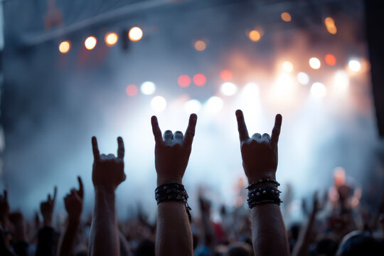 Rock on! Enthusiastic fans at a live concert with devil horn hand gestures.
