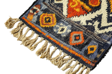 Detailed oriental kilim rug displaying vibrant pattern, colors, and texture on transparent background
