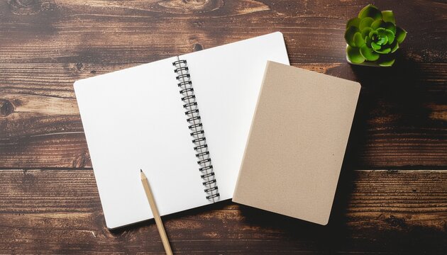 A blank notebook and a closed book lie on a wooden desk next to a small green plant.