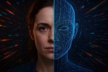 Human face split with digital wireframe half represents deepfake and ai technology risks in crimes detection and identity protection