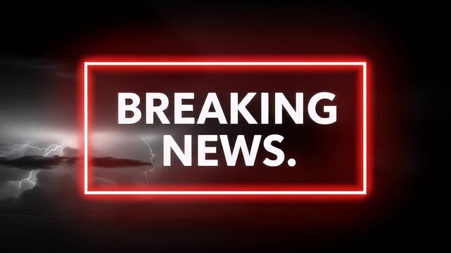Urgent Breaking News Announcement With Electric Storm Background and Neon Red Border Glowing Sign Illuminating Dramatic Dark Clouds and Lightning Strikes Illuminating the Sky