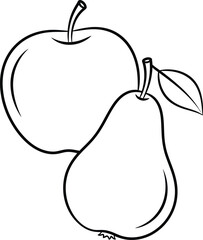 Outline drawing of a fresh apple and a ripe pear with a leaf, simple black and white vector illustration for coloring book or educational.