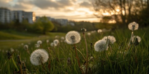 Dandelions in a Field at Sunset - A Serene and Golden Scene.