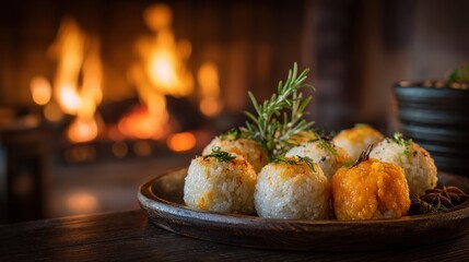 Cozy Fireplace Dinner - Gourmet Dumplings with Rosemary Sprig.