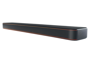 Sleek black soundbar with orange accents enhances audio enjoyment on transparent background