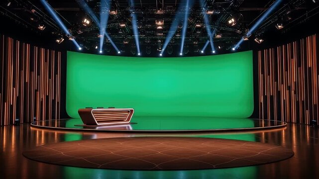 Modern Virtual Production Studio With Green Screen And Spotlight Illumination Featuring A Stage Podium And Reflective Flooring With Copper Curtains