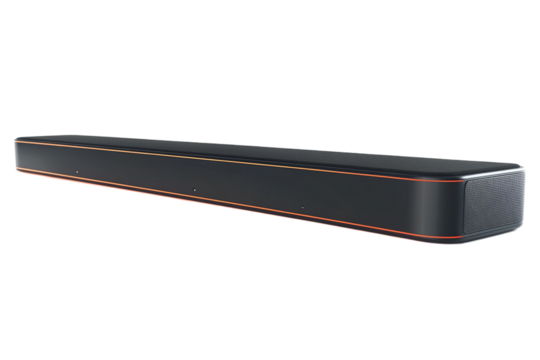 Sleek black soundbar with orange accents enhances audio enjoyment on transparent background
