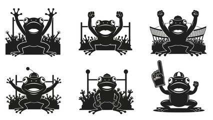 Obraz premium Frog fan collection isolated on white background, frogs cheering in sports stadium, funny animal character as sports enthusiast, vector cartoon illustration