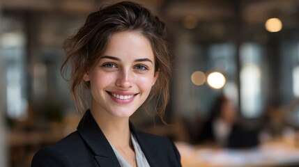 Fototapeta premium Confident young businesswoman smiling in a modern office setting.