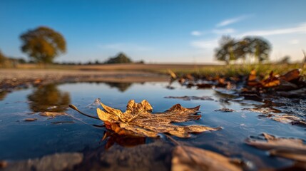 Autumn leaf floating in a puddle reflecting the sky and trees.