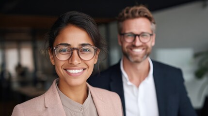 Confident Business Professionals Smiling in Modern Office Setting.