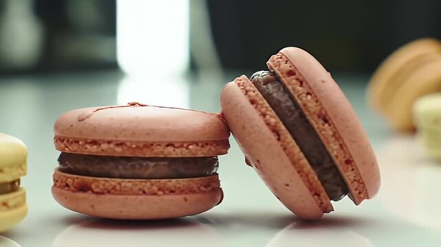 Close-up of delicate French pink macarons with a rich chocolate ganache filling, showcasing a moment of sweet indulgence