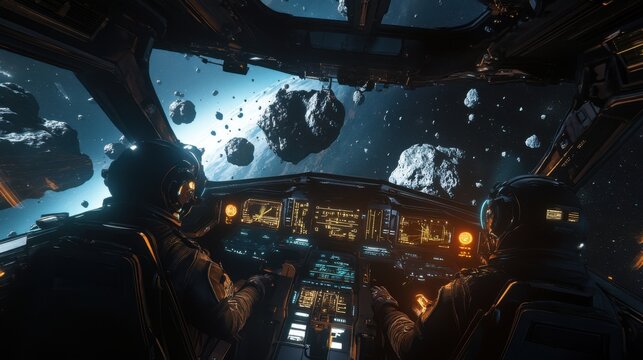 Astronauts piloting a spacecraft navigating through an asteroid field