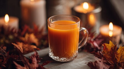Autumnal Warmth - Pumpkin Spice Drink with Candlelight and Leaves.