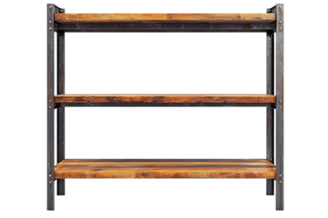 Rustic wood and metal shelving unit three tiers design on transparent background