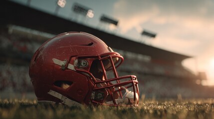 American Football Helmet on Field at Sunset Stadium.