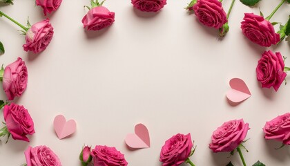 Pink roses and paper hearts arranged in a circle on a light background.