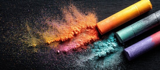 Colorful Pastel Chalks with Pigment Dust on Dark Background.