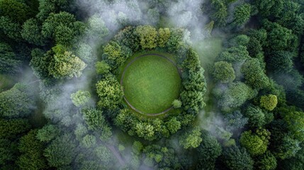 Aerial View of a Lush Green Clearing Surrounded by Dense Forest.
