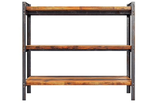 Rustic wood and metal shelving unit three tiers design on transparent background