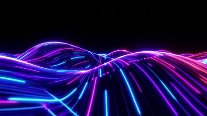 Abstract Neon Wave Landscape with Glowing Lines and Stars on Black Background blue - Powered by Adobe