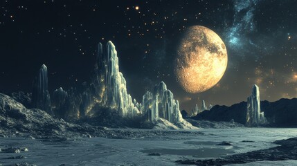 Fantastic alien moon landscape with crystal structures and stars