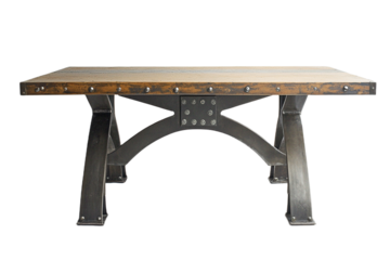 Sturdy industrial dining table with wood top and iron legs on transparent background