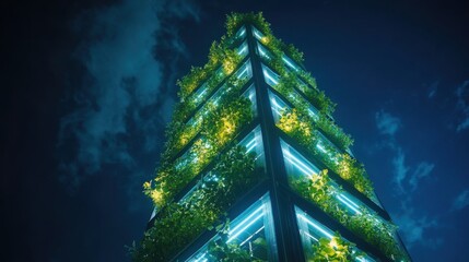 Green vertical farming tower illuminated at night in the city