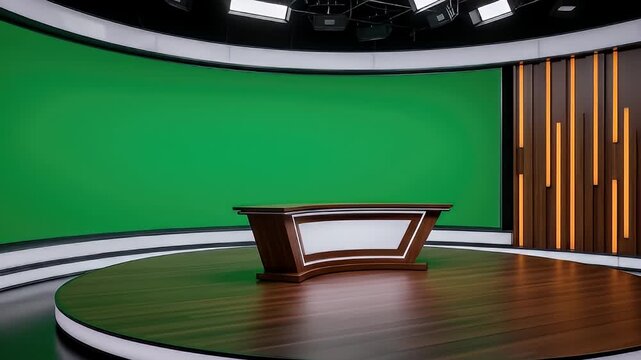 Modern Television Studio News Desk With Green Screen Backdrop And Vertical Wood Panel Accent Lighting In A Circular Arena With Polished Wood Floor