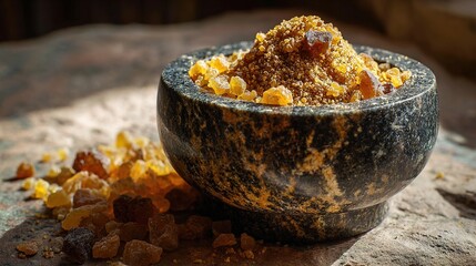 boswellia. Marble mortar containing freshly crushed amber-colored resin on a stone surface. menu design, packaging mockups, designed for culinary blogs and recipe cards for restaurants.